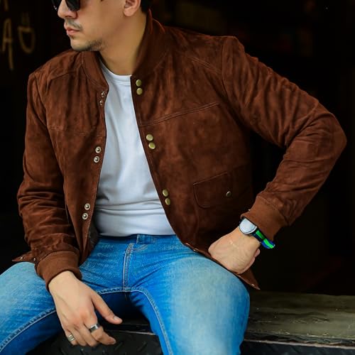 Image of Jild Varsity Style Leather Bomber Jacket Men - Casual Fashion Real Suede Classic MA-1 Leather Jacket Men
