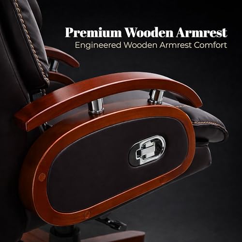 Image of Premium High Back Leatherette Wooden Base & Handle Office Chair for Director & Executive | Revolving Recliner, Soft Heavy Cushion, Brown Colour | 5 Year Warranty | Free Assembly