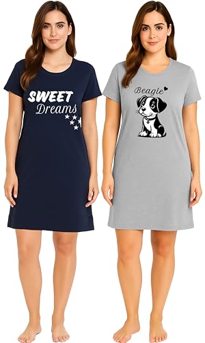 Image of iceBoo Womens (Pack of 2) Cotton Nightshirts Marl Grey Puppy Motif and Navy Sweet Dreams Design Short Sleeve Nightdresses Sleepwear, XJ42 - Size (8/10)