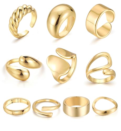 ÌF ME 10 PCS Gold Rings Set for Women Non Tarnish, 18K Gold Plated Chunky Stackable Rings, Statement Stacking Womens Ring Pack