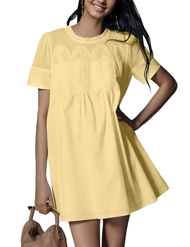 Image of Womens Summer Lace Mini Babydoll Dress Ruffled Collar Short Sleeve Loose Mesh Swing Elegant Flared Sundress