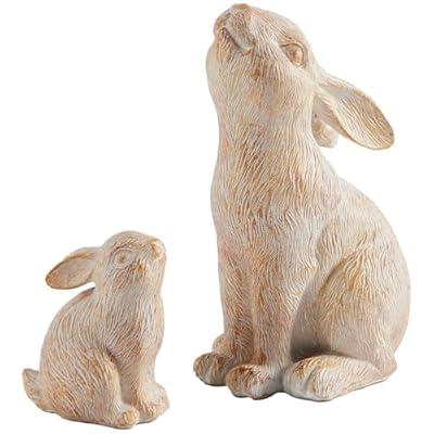 Set of 2 Easter Bunny Figurines, White and Khaki Resin Rabbit Statue, Rabbit Figurines for Spring, Bunny Decorations Easter Ornaments for Home Shelf Coffee Table Decor Gift