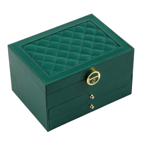 Image of GUOER Jewelry Box for Women Girl Wife 3 Layers Large PU Leather Jewelry Organizer Storage Case with Two Layers Display for Earrings Bracelets Rings Watches (Green)