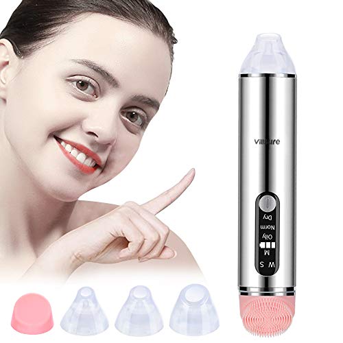 Blackhead Remover Vacuum, Villsure Pore Vacuum Electric Acne Comedone Extractor Tool with Dual Head, USB Rechargeable Vacuum Suction Removal Microdermabrasion Devices(Metallic Silver)