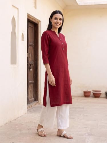 Image of SAADAA Women's Linen Blend Long Kurta with Viscose Palazzo Set | Straight Fit Kurta with Wide Leg Palazzo | Solid Ethnic Co-ord Set for Office & Casual Wear