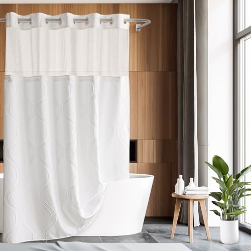 Image of No Hook Geometric Tufted Fabric Shower Curtain with Snap in Liner - 71 inch W x 74 inch H, Hotel Style, Top Sheer Window, Water Repellent Shower Curtain for Bathroom, White