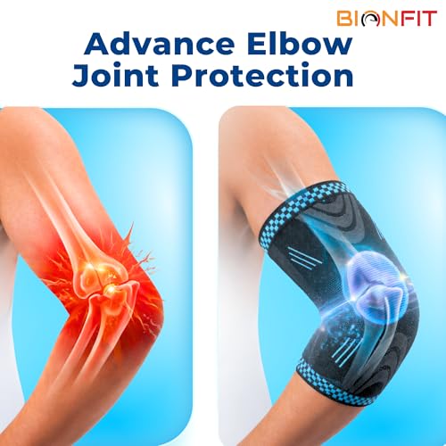 Image of BIONFIT Elbow Support Sleeve Pair for Men & Women | Compression Elbow Brace for Gym, Weightlifting, Tennis & Pain Relief | Breathable Anti-Slip Elbow Support