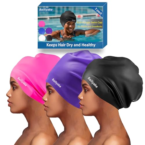 3 Pack Extra Large Swim Cap for Braids & Dreadlocks - Waterproof Silicone Swim Hat for Women & Men with Long Thick Hair, Protective Swim Cap Cover Ears for Swimming, Shower, Bathing