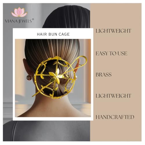 Image of Hair Bun Cage Accessory for Women | Handcrafted Brass Juda Cover with Stick | Anti-Tarnish Traditional Hair Accessory for Wedding & Festive (Flower Cage Hair Bun (Golden))