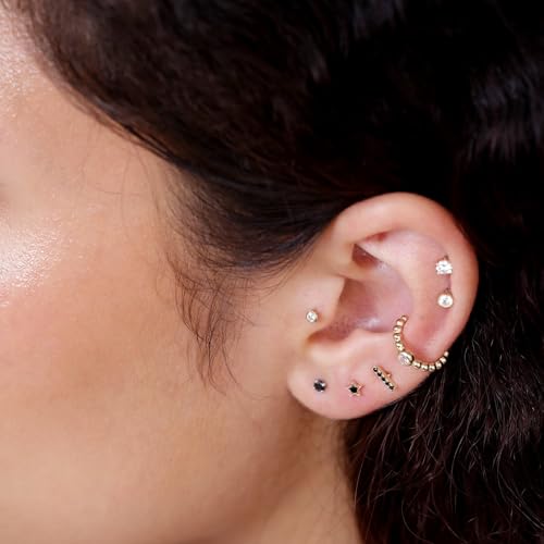 14K Solid Gold Mini Bar Stud Earring Black Onyx Dainty Flat Back Cartilage Earring Threaded Upper Earlobe Conch Tragus Helix Piercing Jewelry for Sensitive Ear Nose Ring Minimalist SINGLE STUD or PAIR2