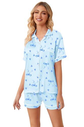 Image of Umeyda Women & Girls Pajamas Set, Soft Satin Lightweight Silk Button-Down Top with Shorts 2 Piece PJS for Mom Boys Kids Gifts