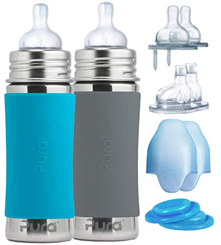 Image of Pura Kiki Infant Baby Bottle Gift Set - BPA-Free, Stainless Steel, Anti-Colic, Silicone Starter Feeding for Breastmilk & Formula - Aqua & Gray, 3-18 Months