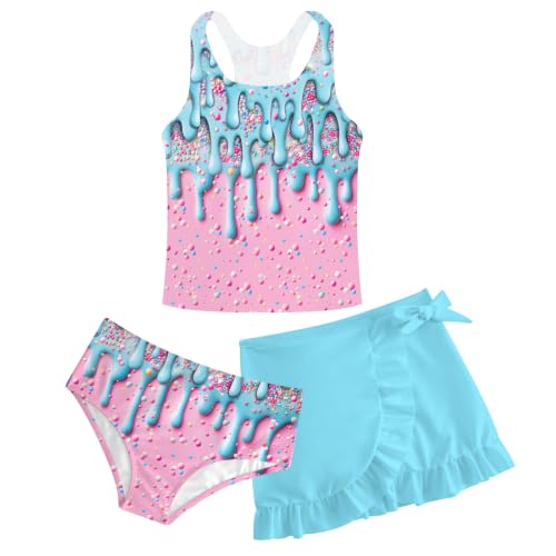 Image of Girls Swimsuits 3 Piece Tankini Bathing Suit Set Cute Bikini Swimwear with Cover Ups Beach Skirt 5-16 Years