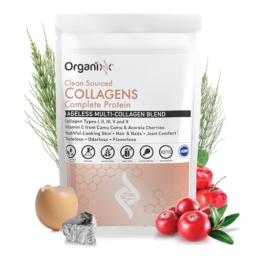 Organixx Clean Sourced Collagen Peptides Powder with Vitamin C, Types I, II, III, V, X Hydrolyzed Collagen, Hair, Nail, Skin, Bone & Joint Health, Aging Support, Gluten Free, Unflavored, 30 Servings