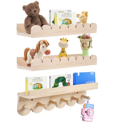 Strixorn Set di 3 mensole da parete in legno massello per bambini - Librerie con 6 ganci per libri e giocattoli -...