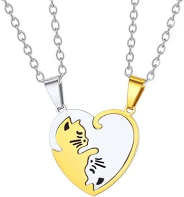 Yin Yang Cat Couple Necklaces, Black and White Matching Pendant Set, BFF Friendship Jewelry Heart Cat Necklace Set Gold