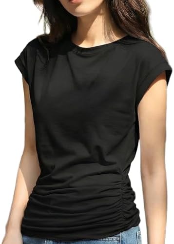 Hotouch Women's T-Shirt, Short Sleeve, Sleeveless, Tank Top, Side Gathered Texture, Beautiful Look, Body Covering, Available in 5 Colors, Cut and Sewn, Summer Top, Daily Work, Travel