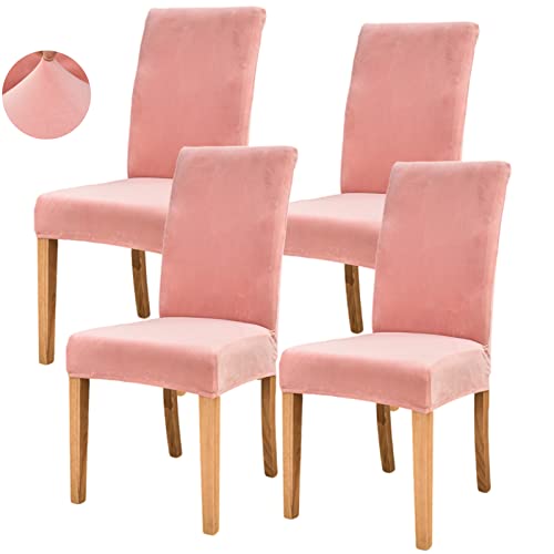 Jusmate Velvet Chair Covers For Dining Room, Soft Velvet Plush Stretch Dining Chair Slipcovers, Washable Removable Parsons Chair Protectors Set Of 4, Pink #TOP7