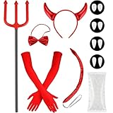 WILLBOND Halloween Devil Costume Set With Horns Hairband, Bow Tie, Tail, Gloves, Fake Teeth, Fork and Teeth Pellets (Sequin)