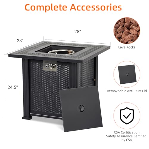 28 Inch Propane Fire Pit, CSA-Listed Outdoor Gas Fire Pit, 50,000 BTU Steel Fire Table with Lid and Lava Rock, Gas Fire Pits for Patio, Stainless Steel Burner Head for Warmth Ambiance Black