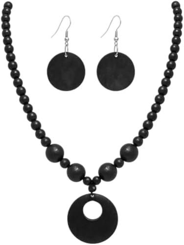 TengRiah Vintage Wooden Round Beaded Strand Choker Necklace Earrings Set Natural