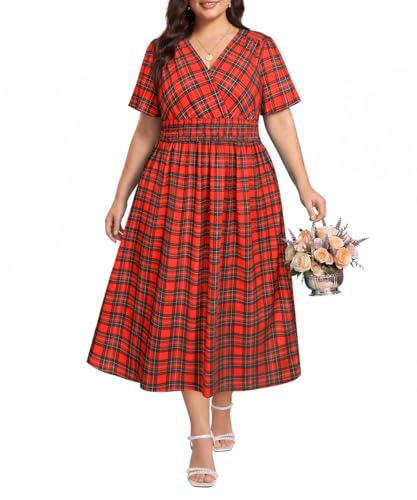 Image of CARCOS Plus Size Dresses for Curvy Women V Neck Summer Maxi Dress Short Sleeve Floral Boho Dress Smocked Waist Beach Dress