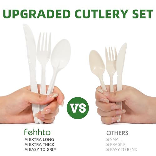 FEHHTO 100% Compostable Cutlery Set,150pcs (50 Forks,50 Spoons,50 Knives) Disposable Cornstarch Utensils Heavy Duty BPI Certified Eco-Friendly Party Supplies No Plastic, Ivory White
