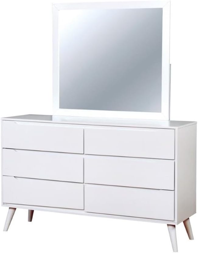BOWERY HILL Mid-Century Solid Wood Dresser with Rectangular Mirror, White Finish, 6 Drawers, Tapered Legs, Full Extension Glides, Modern Bedroom Furniture