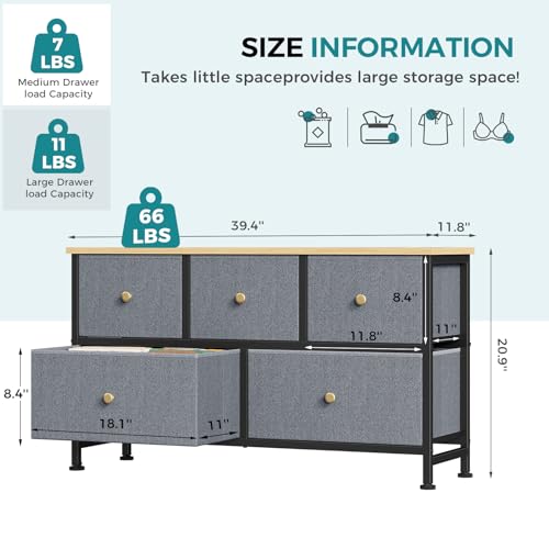 Image of OLIXIS 5 Drawer Dresser for Bedroom, Storage Organizer Unit for Closet | Chest of Drawers for Clothes Storage with Bins, Wide Fabric Bedroom Dresser, Wooden Top, Living Room, Gray Blue