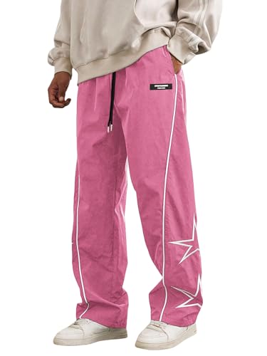 ZAFUL Mens Printed Lightweight Casual Pants Y2K Sweatpants Drawstring Dance Pants Baggy Fashion Straight Leg Pants 1-Star Pink L