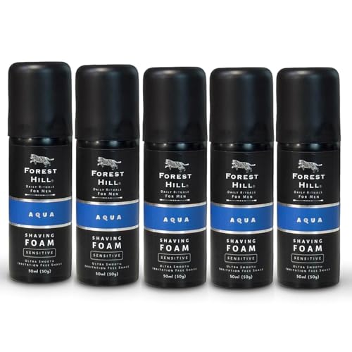 Image of Forest Hill Pack of 5 Aqua Pre Shave Foam For Men, Goodness of Olive and Argan Oil, Mulberry, Rosemary & Peppermint Extract, Prevent Cuts and Burns, Rich Lather, Cooling Hydrating Formula, Shaving Foam (Each 50g)