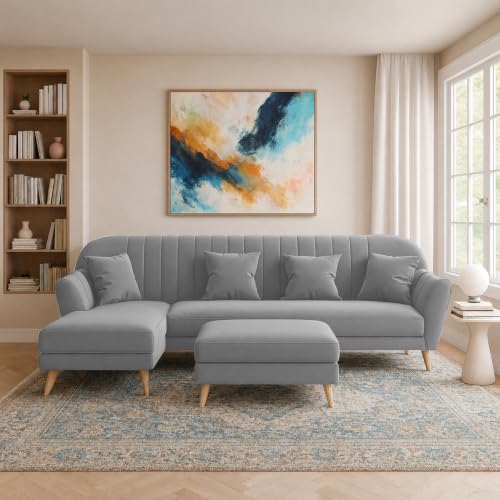 Image of Atticus LHS 6 Seater L Shape Sofa Set with Ottoman Living Room (Dark Grey Colour Fabric) Premium Fabric Sofa Set for Living Room