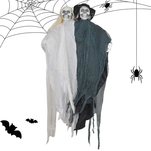 Halloween Ghost Bride, Groom Props, 43,31 x 27,56 pulgadas, pareja de esqueleto de miedo con efectos de sonido, accesorios de terror vintage, decoración de interior y exterior para patio porche