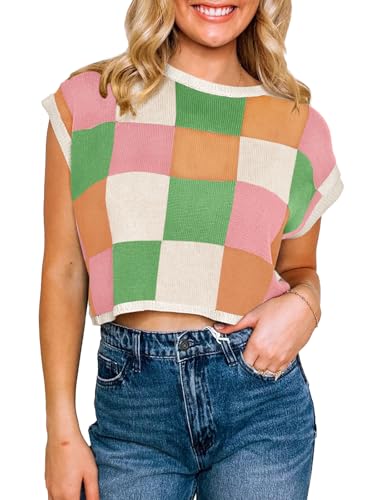 Image of Saodimallsu Womens Cap Sleeve Crop Tops Summer Color Block Going Out Crew Neck Knit Trendy Casual Sweater