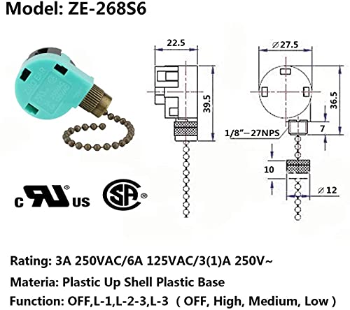 Ceiling Fan Switch 3 Speed 4 Wire Zing Ear ZE-268S6 Pull Chain Switch Control Replacement 3 Speed Control Switch Ceiling Fans, Wall Lamps, Cabinet Light