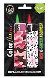 Amazing Color Flame Fire Butane Colorflame Colorful Torch Lighter Colored Flame Pocket Lighter Red Flame and Green Flame- 2 Pack Choose Your Assortment (Pink Camo & Butterfly Leopard)