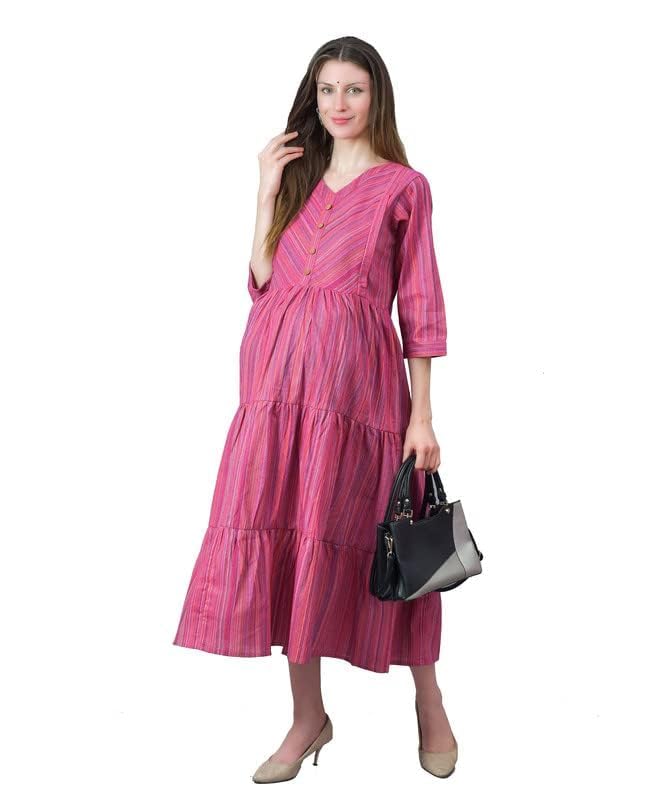 Cotton Grey/Black Maternity Dresses for Women with Feeding Zip - Floral Breastfeeding Maternity Gown Kurti for Pregnant Women - Nursing Pre and Post Pregnancy Wear(GreyBLack)-image-0