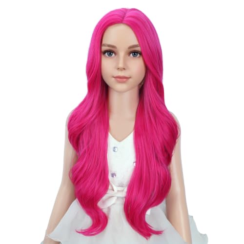 Image of PATTNIUM Hot Pink Wig for Kids Child Long Wavy Curly Wig Girls Neon Pink Wigs Magenta Wigs Rose Pink Cosplay Party Synthetic Hair