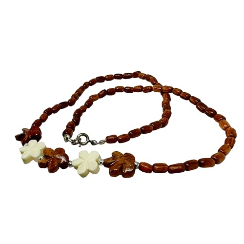 Hawaiian Jewelry Koa Wood and Bone Plumeria Flower Rice Bead Necklace2