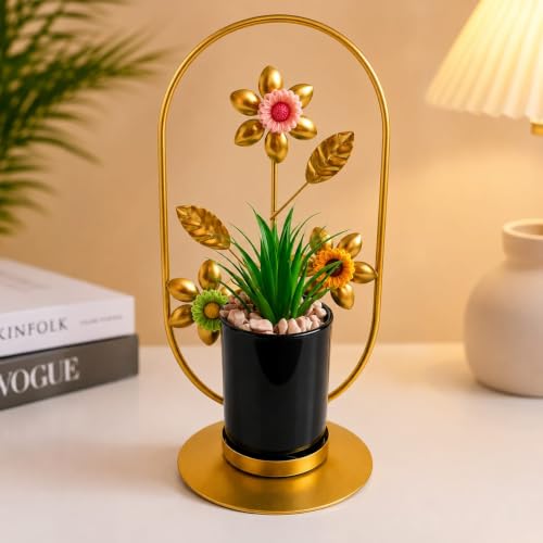 Image of Golden Metal Floral Stand With Artificial Green Plant And Black Ceramic Pot