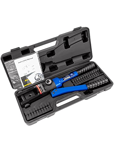 AMZCNC blue 16 Ton Hydraulic Wire Crimper Battery Cable Lug Terminal Crimping Tool WIth Standard US cable Dies,Crimps 6 AWG to 600 MCM, Cable Crimping Tool ​with 13 Pairs of Standard US cable Dies