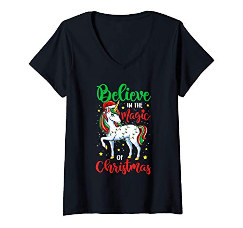 Mujer Believe In The Magic Of Christmas Unicorn Xmas Girl Mujeres Camiseta Cuello V