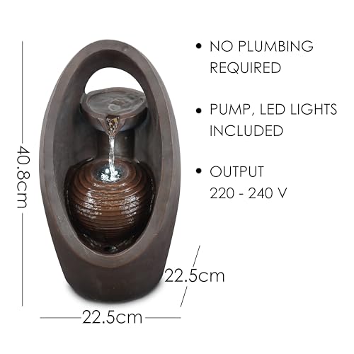 GEEZY Garden Water Feature – Oval Fountain with LED Lights – Mains Powered, Self-Contained, Indoor & Outdoor – Easy Setup, Relaxing & Cascading – Great for Garden, Home, Patio & Balcony Decor