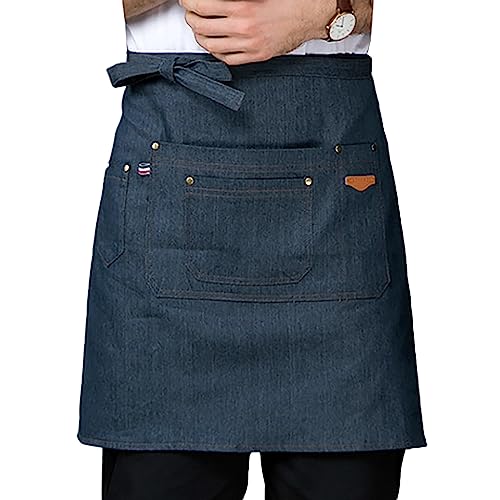 YCYUYK Grembiule unisex in denim per casa e cucina, grembiule da chef in denim per cameriera, grembiule corto per ristorante, per donne e uomini, Blu, Taglia unica