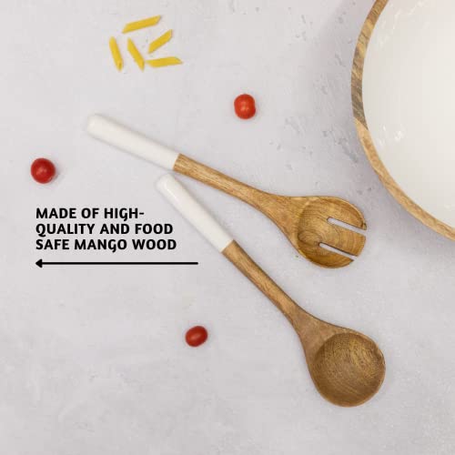 Folkulture Salad Bowls Or Wooden Bowls With Salad Servers, Large Serving Bowl Or Fruit Bowl, Wooden Salad Bowl Set For Mixing Or Tossing, 12" D X 5" H, Mango Wood, White #TOP5