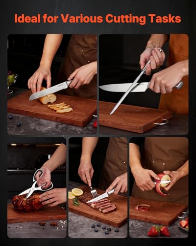 Image of VEVOR Kitchen Knife Set with Block and Sharpener, 15 Piece German High Carbon Stainless Steel Sharp Knife Set, Kitchen Cutlery with Ergonomic Handle, Sharpening Rod and Wooden Block, for Home Cooks