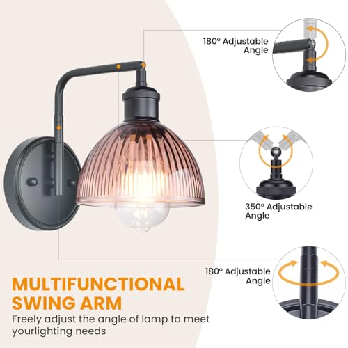 Image of Swing Arm Wall Sconce, Plug in or Hardwired Black Wall Lamp with Green Stripe Ribbed Glass Shade, Vintage Edison LED Bulb Wall Light Fixture for Living Room Bedroom Bedside Bathroom Hallway