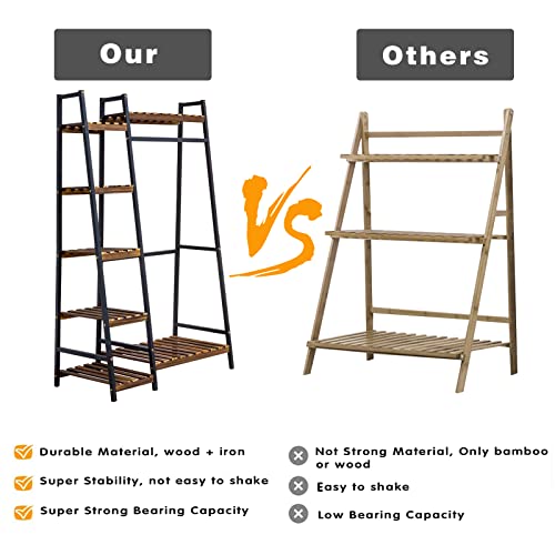 Hanging Plant Stand Indoor With Hanging Bar, Tall For Indoor Plants Multiple 5 Tiered Black Metal Wood Outdoor Organizer, Flower Display Rack Hanging Plant Shelf Ladder #TOP1