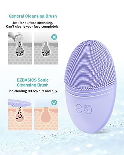 EZBASICS Sonic Facial Cleansing Brush Made with Ultra Hygienic Soft Silicone, Waterproof Sonic Vibrating Face Brush for Deep Cleansing, Gentle Exfoliating and Massaging, Inductive Charging Violet