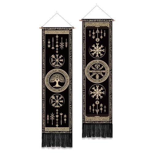 PLIGREAT 2 Pack Viking symboles tapisserie avec glands arbre de vie esthétique Tenture murale verticale maison art tapisserie pour chambre salle de bain salon...